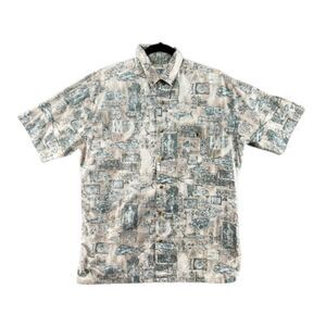 VTG Hook & Tackle Men's Medium Fish Pattern Button Camp Shirt Tan Green Fishing